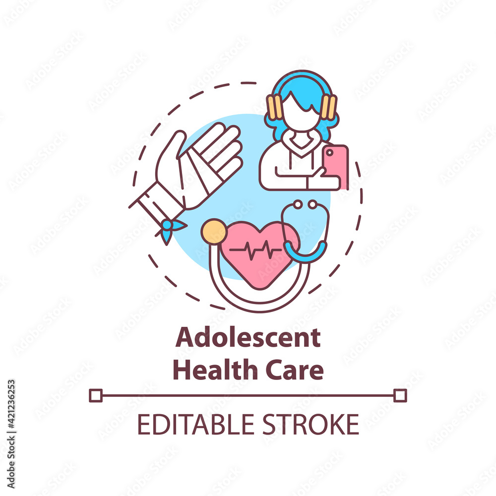 Adolescent health care concept icon. Professional medical support for teenage patient. Family doctor idea thin line illustration. Vector isolated outline RGB color drawing. Editable stroke Adolescent health care concept icon. Professional medical support for teenage patient. Family doctor idea thin line illustration. Vector isolated outline RGB color drawing. Editable stroke