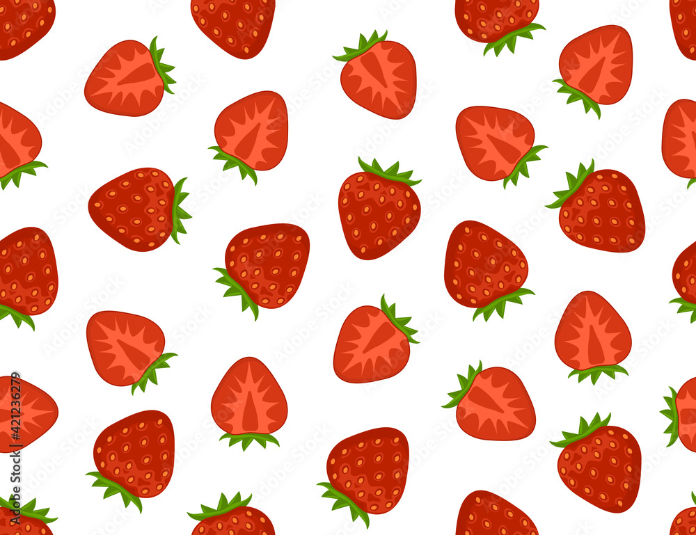 Flat strawberry seamless pattern. Appetizing fresh strawberry vector endless background. Whole and cut in half.