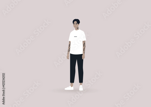 A young male Asian character with tattoos wearing casual clothes, a modern lifestyle concept