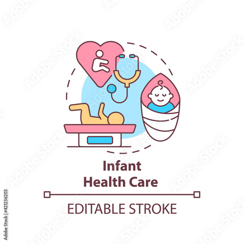 Infant health care concept icon. Medical support for newborn baby. Family doctor aid for children idea thin line illustration. Vector isolated outline RGB color drawing. Editable stroke