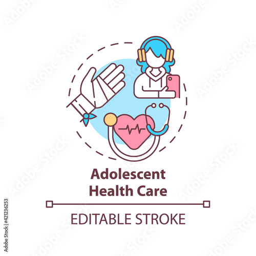 Adolescent health care concept icon. Professional medical support for teenage patient. Family doctor idea thin line illustration. Vector isolated outline RGB color drawing. Editable stroke