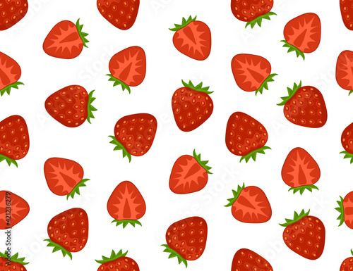 Fototapeta Naklejka Na Ścianę i Meble -  Flat strawberry seamless pattern. Appetizing fresh strawberry vector endless background. Whole and cut in half.