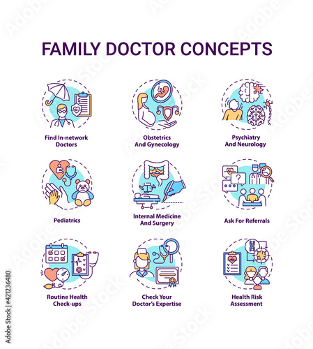 Family doctor concept icons set. Find in-network physician. Ask for referrals. Professional medical service idea thin line RGB color illustrations. Vector isolated outline drawings. Editable stroke