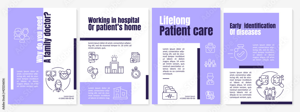 Fototapeta premium Why do you need a family doctor brochure template. Hospital workers. Flyer, booklet, leaflet print, cover design with linear icons. Vector layouts for presentation, annual reports, advertisement pages
