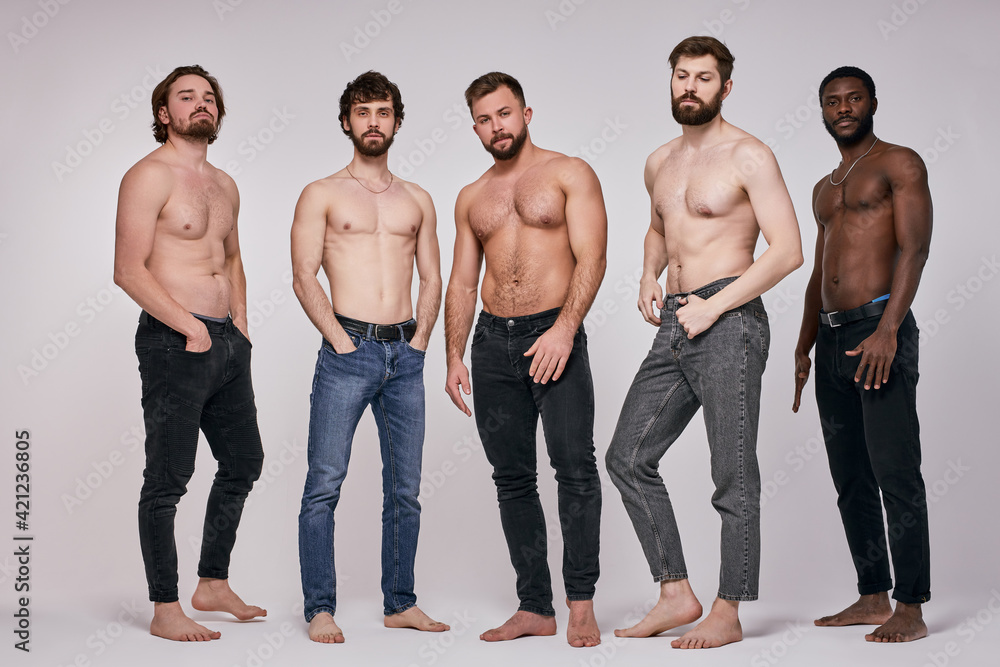 Ministerie Hechting hebzuchtig Portrait of shirtless diverse men posing seriously at camera, sexy guys in  jeans Stock 写真 | Adobe Stock