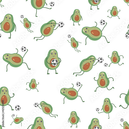 Seamless pattern with avocado on a white background. Green fruits play football with a ball, hit, catch, run, stand. Soccer. Vector illustration. Cute isolated kawaii character. Wallpaper
