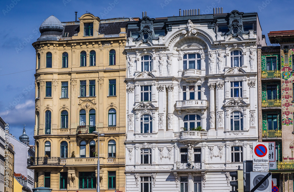 Buildings on Linke Wienzeile street in Vienna, view with Majolica House, Austria
