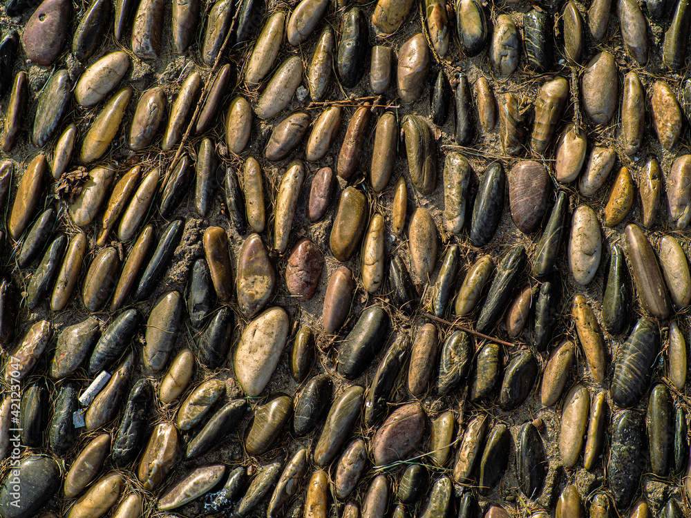 Round vertical and smooth stones of the same size in a cement path in a city park. Design trail. Warm colors Round vertical and smooth stones of the same size in a cement path in a city park. Design trail. Warm colors