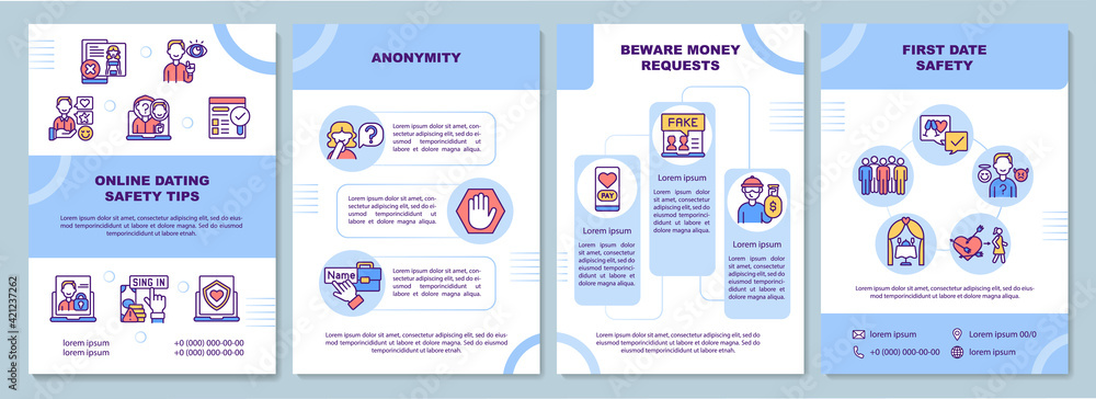 Online dating safety tips brochure template. Anonymity. Flyer, booklet, leaflet print, cover design with linear icons. Vector layouts for presentation, annual reports, advertisement pages