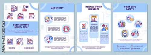 Online dating safety tips brochure template. Anonymity. Flyer, booklet, leaflet print, cover design with linear icons. Vector layouts for presentation, annual reports, advertisement pages