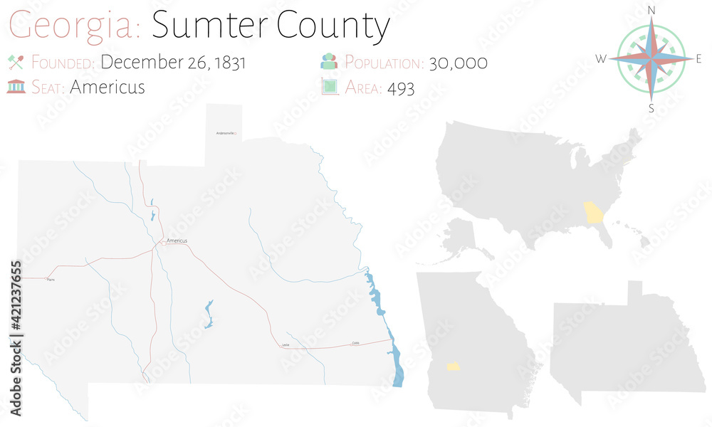 Large and detailed map of Sumter county in Georgia, USA.