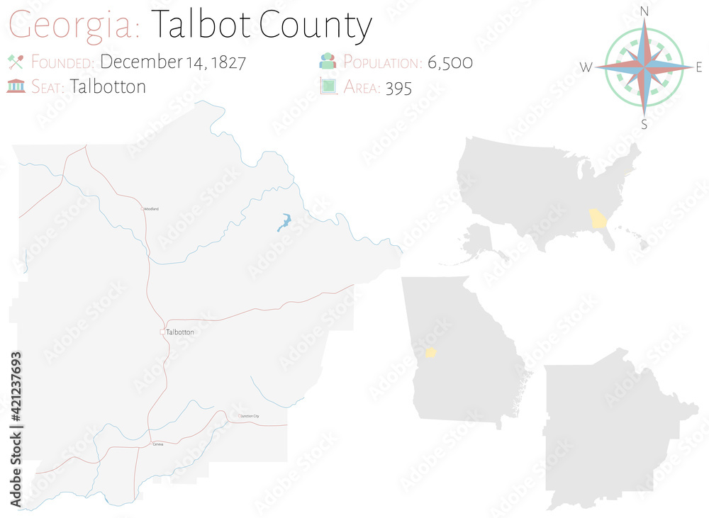 Fototapeta premium Large and detailed map of Talbot county in Georgia, USA.