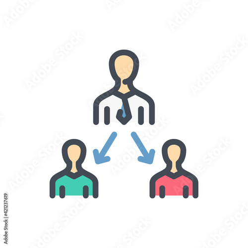 Distribution of duties color line icon. Business structure and management vector outline colorful sign.