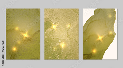 Set of marble patterns. Olive green and gold geode textures with glitter. Abstract vector background in alcohol ink technique. Modern paint with sparkles. Backdrops for banner, poster. Fluid art