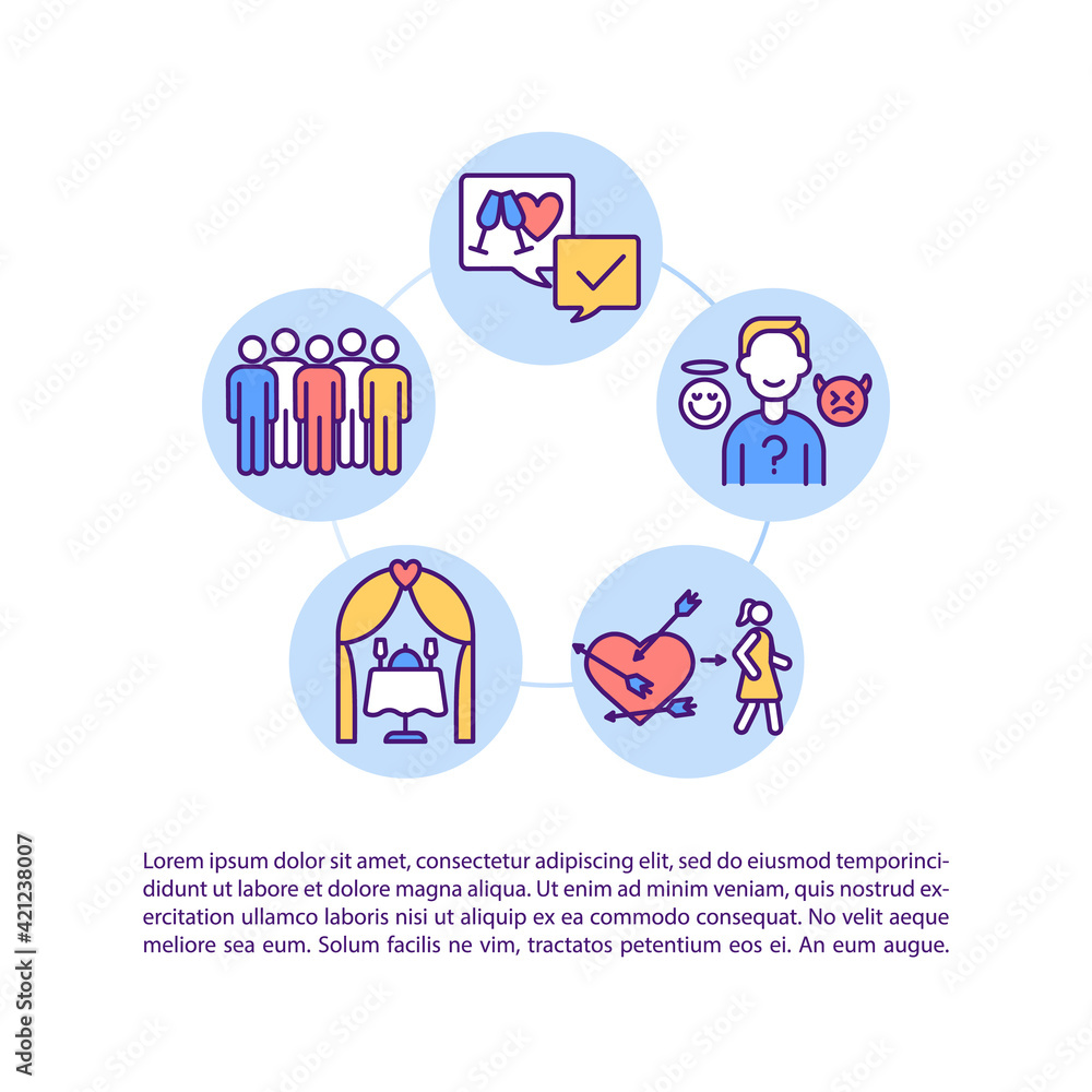 First date safety concept line icons with text. PPT page vector template with copy space. Brochure, magazine, newsletter design element. Remote dating tips linear illustrations on white
