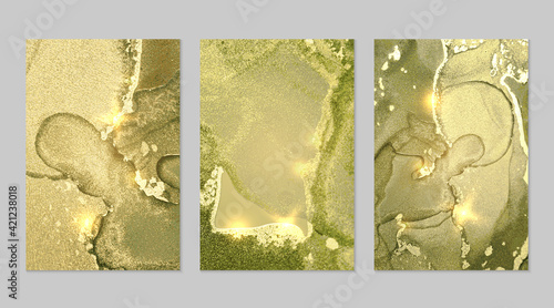 Set of marble patterns. Gold and light green geode textures with glitter. Abstract vector background in alcohol ink technique. Modern paint with sparkles. Backdrops for banner, poster. Fluid art