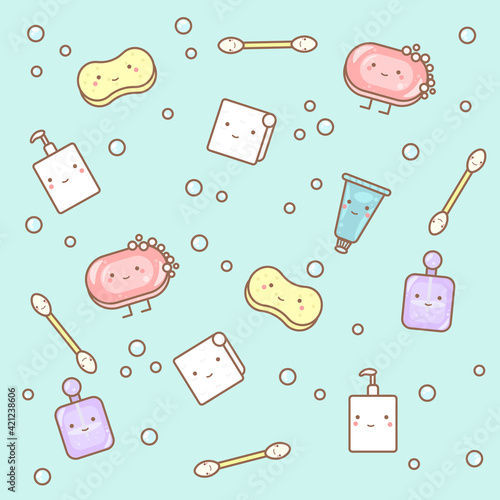 Cute pattern with soap, shower gel, perfume, sponge, ear sticks and towel. Pattern with hygiene products.