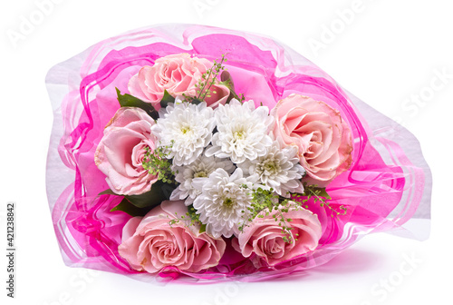 Pink bouquet of roses and other flowers isolated on white