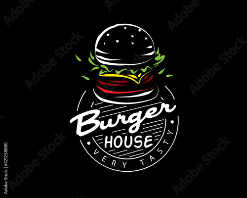 Hand drawn vector burger logo on black background