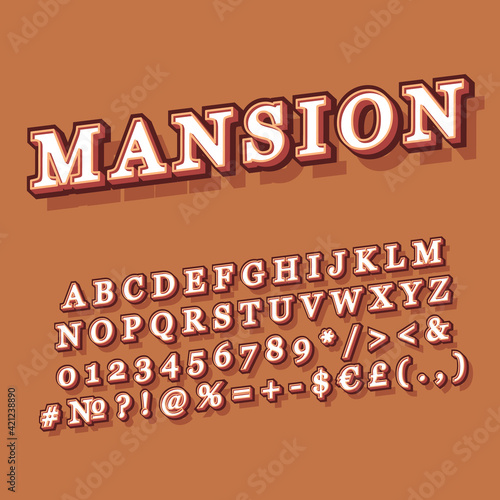 Mansion vintage 3d vector alphabet set. Retro bold font, typeface. Pop art stylized lettering. Old school style letters, numbers, symbols pack. 90s, 80s creative typeset design template