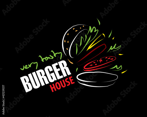 Hand drawn vector burger logo on black background