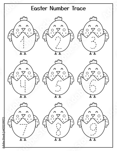 Trace numbers Easter worksheet with cute chicks. Handwriting practice activity page for kids. Develop motor skills and learn numbers for school and preschool. Vector illustration