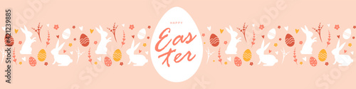 Easter pattern in pastel colors with bunnies and eggs on a pink background. Vector horizontal pattern with the inscription "Happy Easter" for your design. Stock illustration EPS 10