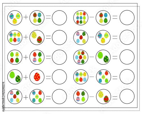 A math game for kids. Solve the examples, count the Easter eggs. vector isolated on a white background