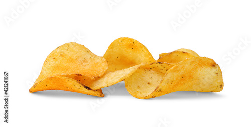 Pile of crunchy potato chips isolated on white background, small depth of focus.