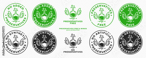 Concept for product packaging. Labeling - no artificial preservatives. A chemical flask with wings and scent lines is a symbol of freedom from the ingredient. Vector elements.