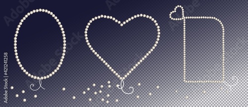 Set of pearl frames with different shapes on transparent background. Heart, oval and rectangle pearl borders and corners.