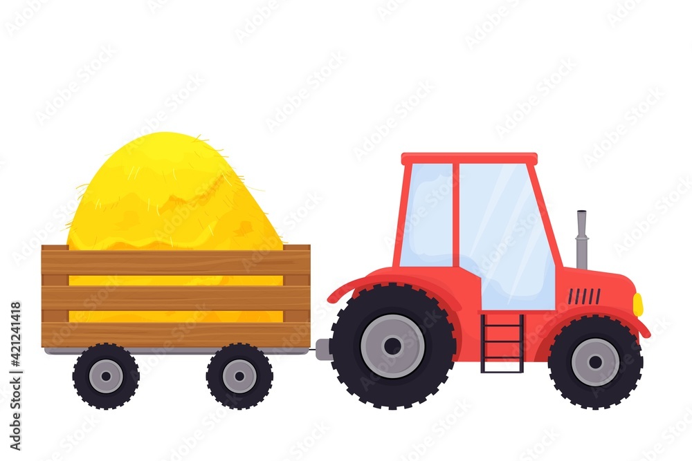 Obraz premium Red tractor with trailer full of hay, agriculture equipment in cartoon style isolated on white background. Country vehicle, harvest. 
