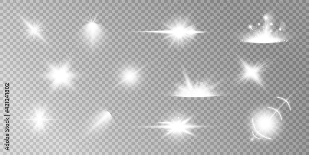 White glowing light explodes on a transparent background. Sparkling magical dust particles. Bright Star. Transparent shining sun, bright flash. White glowing light explodes on a transparent background. Sparkling magical dust particles. Bright Star. Transparent shining sun, bright flash.
