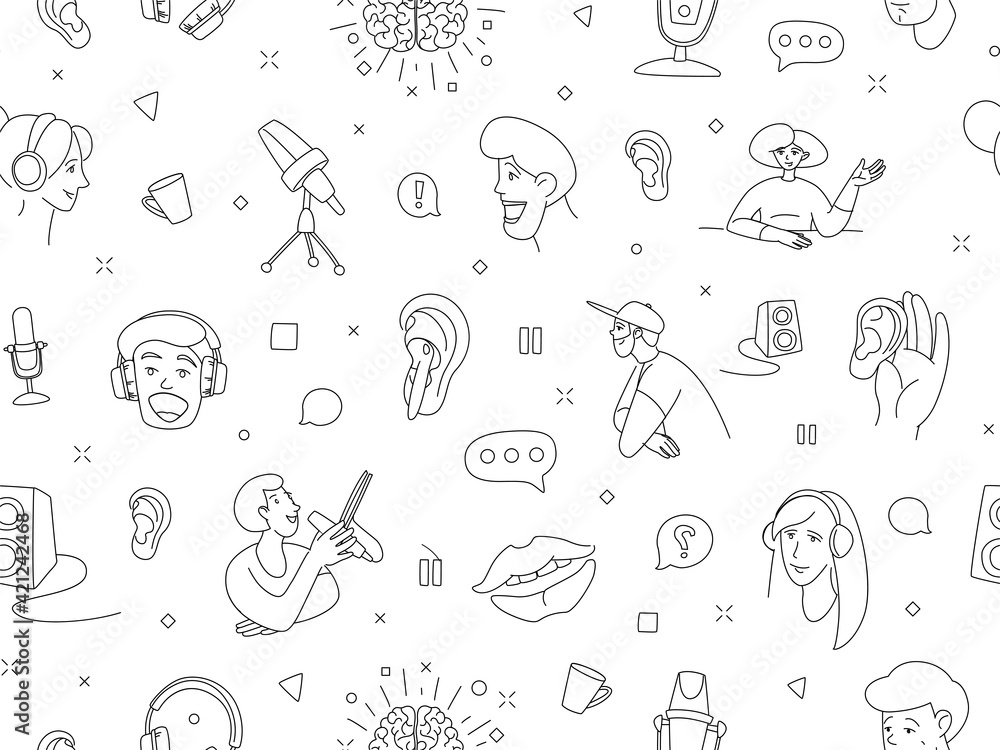 Radio host flat vector illustration seamless pattern. Media doodle drawing.