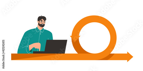 Agile software development methodology. Scrum process concept. Male developer working on a laptop. Project management. Flexible product development cycle. Isolated flat vector illustration