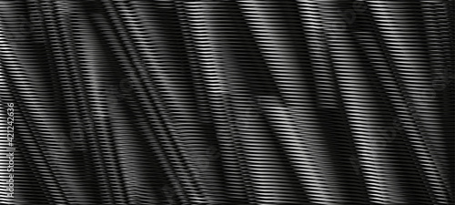 Black futuristic abstract texture with diagonal striped volume shapes and moire effect. Dark monochrome background saver for interior decor, wall panel, mobile apps, business card, image of blog.