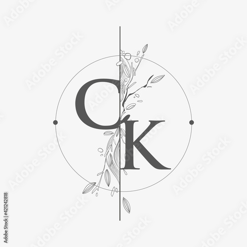 Letter CK Initial Logo with Hand Draw Floral, Initial Wedding Font Logo with Circle and Flowers. photo