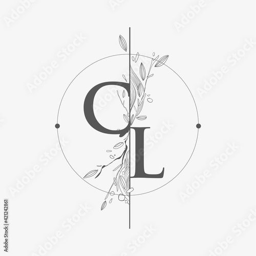 Letter CL Initial Logo with Hand Draw Floral, Initial Wedding Font Logo with Circle and Flowers.