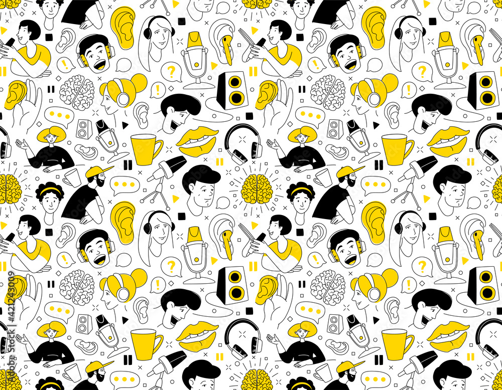 Radio host flat vector illustration seamless pattern. Media doodle drawing.