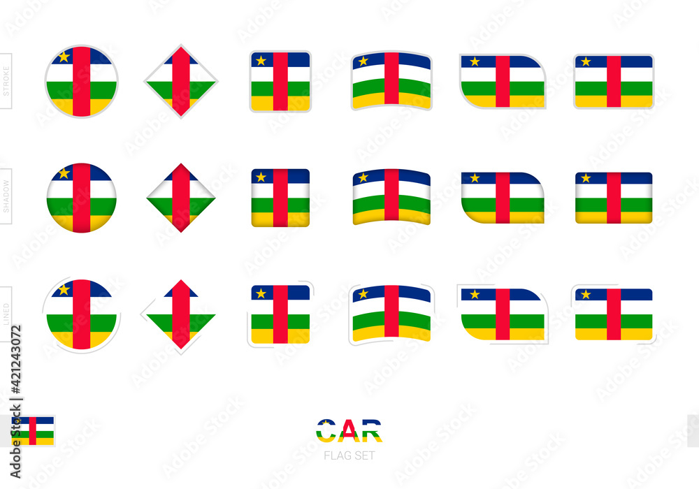 Central African Republic flag set, simple flags of Central African Republic with three different effects.