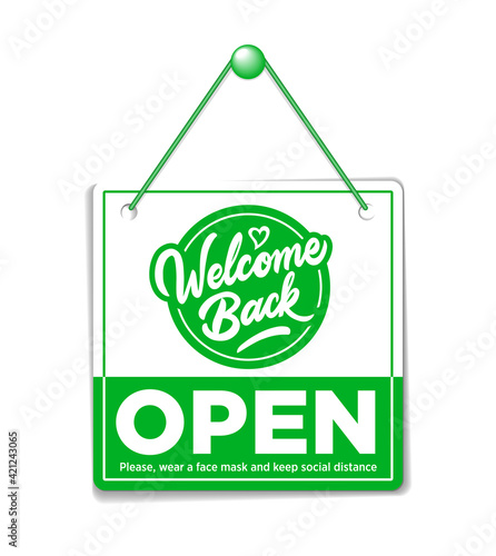 Green square door sign Open Come in, with shadow isolated on transparent background. Vector template