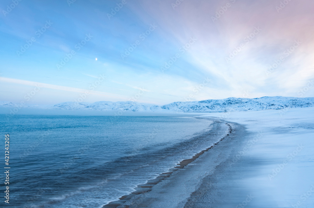 Fototapeta premium Scenic seascape of Barents Sea coastline in village Teriberka. Morning arctic winter landscape in Murmansk region of Russia