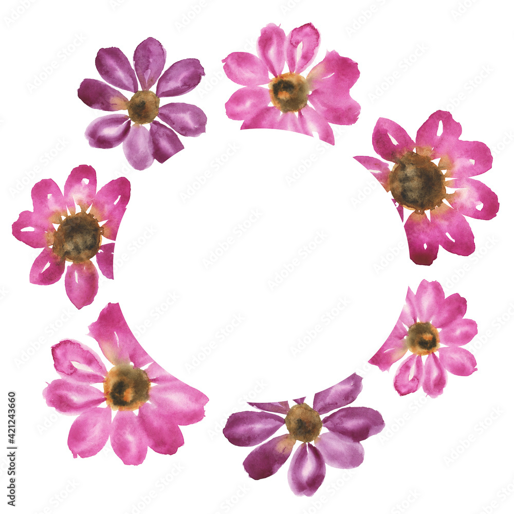 Pink abstract flower frame isolated on white background. Watercolor