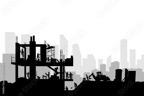 workers constructing new concrete building black color