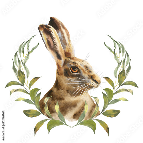 Easter bunny watercolor illustration. Greenery wreath on white background. © Александра Низенко