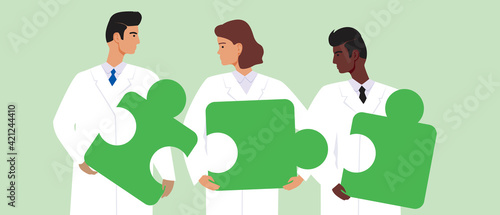 Multicultural scientists with puzzle, scientific flat vector stock illustration with medical doctor and international work