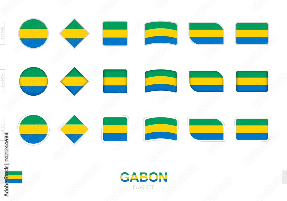 Gabon flag set, simple flags of Gabon with three different effects. Gabon flag set, simple flags of Gabon with three different effects.