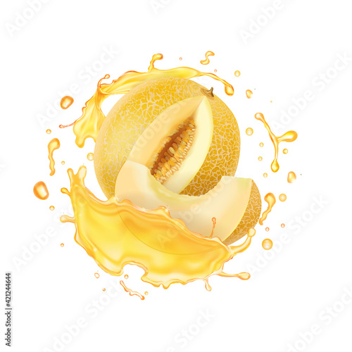 Melon yellow fruit, melon juice splash, vector icon