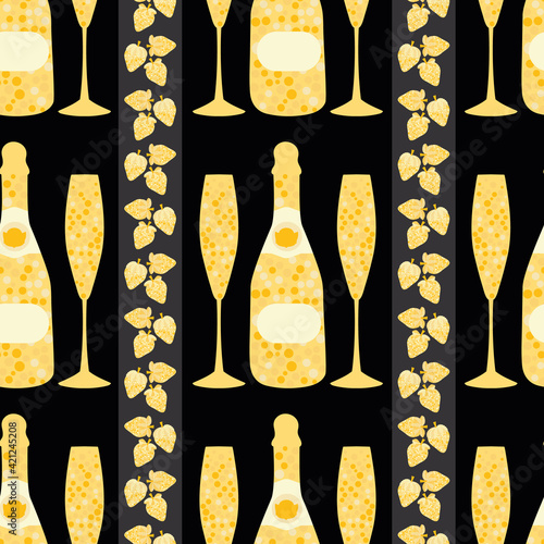 Champagne and strawberry vector seamless pattern background. Elegant gold black backdrop with fizz, champagne flutes,bottles, vertical stripes of fruit. Modern chic repeat for party, birthday, wedding