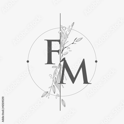 Letter FM Initial Logo with Hand Draw Floral, Initial Wedding Font Logo with Circle and Flowers.